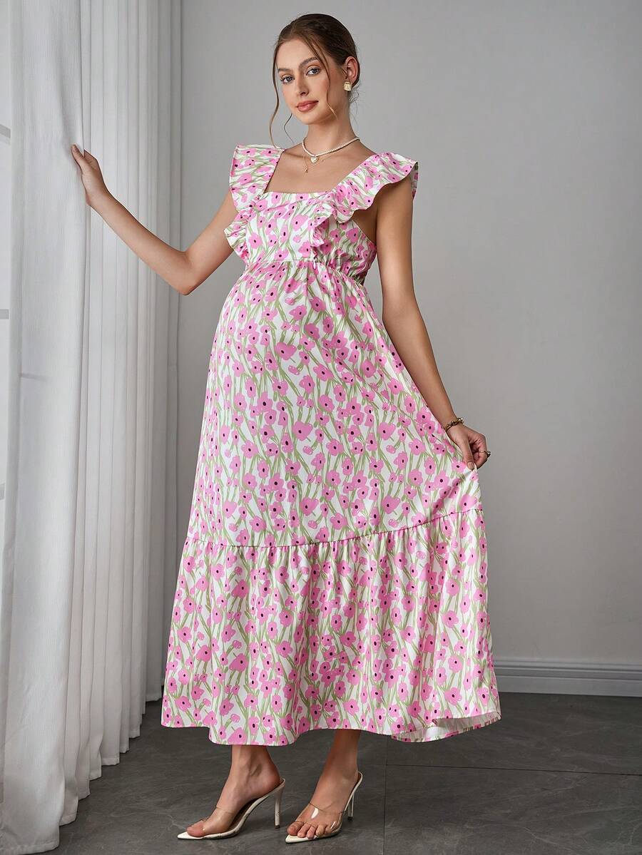 Maternity Floral Nursing Maxi Dress - Square Neck, Cap Sleeve, Ruffle Hem, Long, Multicolor