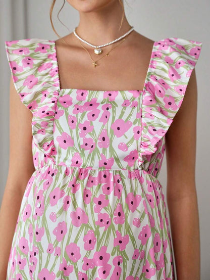Maternity Floral Nursing Maxi Dress - Square Neck, Cap Sleeve, Ruffle Hem, Long, Multicolor