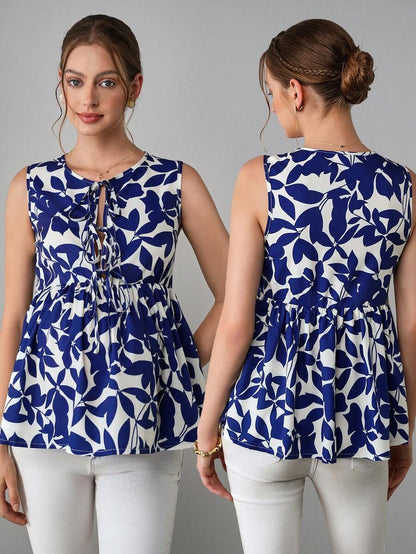 Maternity Printed Tank Blouse - Round Neck, Bow Decor, Flared Hem, Slim Fit, Royal Blue