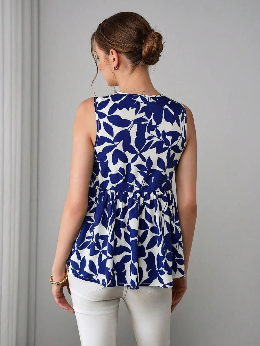 Maternity Printed Tank Blouse - Round Neck, Bow Decor, Flared Hem, Slim Fit, Royal Blue