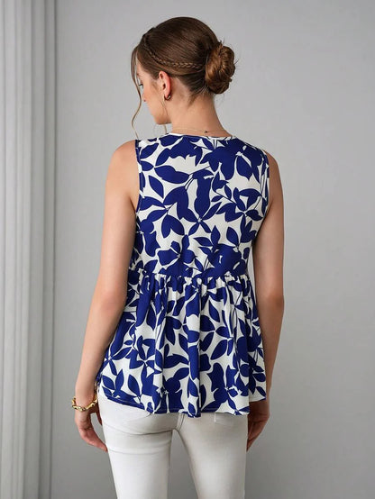 Maternity Printed Tank Blouse - Round Neck, Bow Decor, Flared Hem, Slim Fit, Royal Blue