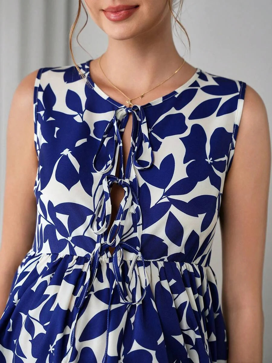 Maternity Printed Tank Blouse - Round Neck, Bow Decor, Flared Hem, Slim Fit, Royal Blue