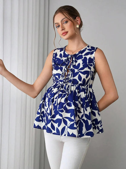 Maternity Printed Tank Blouse - Round Neck, Bow Decor, Flared Hem, Slim Fit, Royal Blue