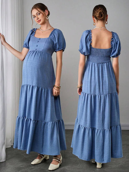 Maternity Tiered A-Line Maxi Dress - Square Neck, Puff Half Sleeve, Pleated, Long, Blue