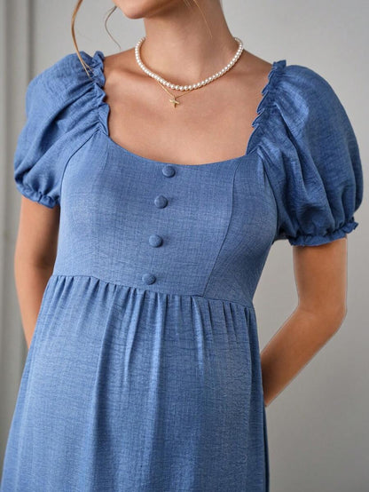 Maternity Tiered A-Line Maxi Dress - Square Neck, Puff Half Sleeve, Pleated, Long, Blue