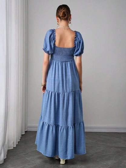 Maternity Tiered A-Line Maxi Dress - Square Neck, Puff Half Sleeve, Pleated, Long, Blue