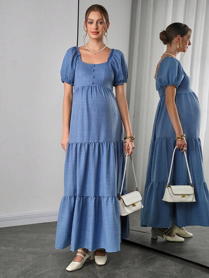 Maternity Tiered A-Line Maxi Dress - Square Neck, Puff Half Sleeve, Pleated, Long, Blue