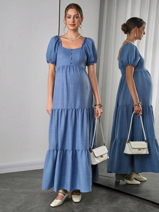Maternity Tiered A-Line Maxi Dress - Square Neck, Puff Half Sleeve, Pleated, Long, Blue