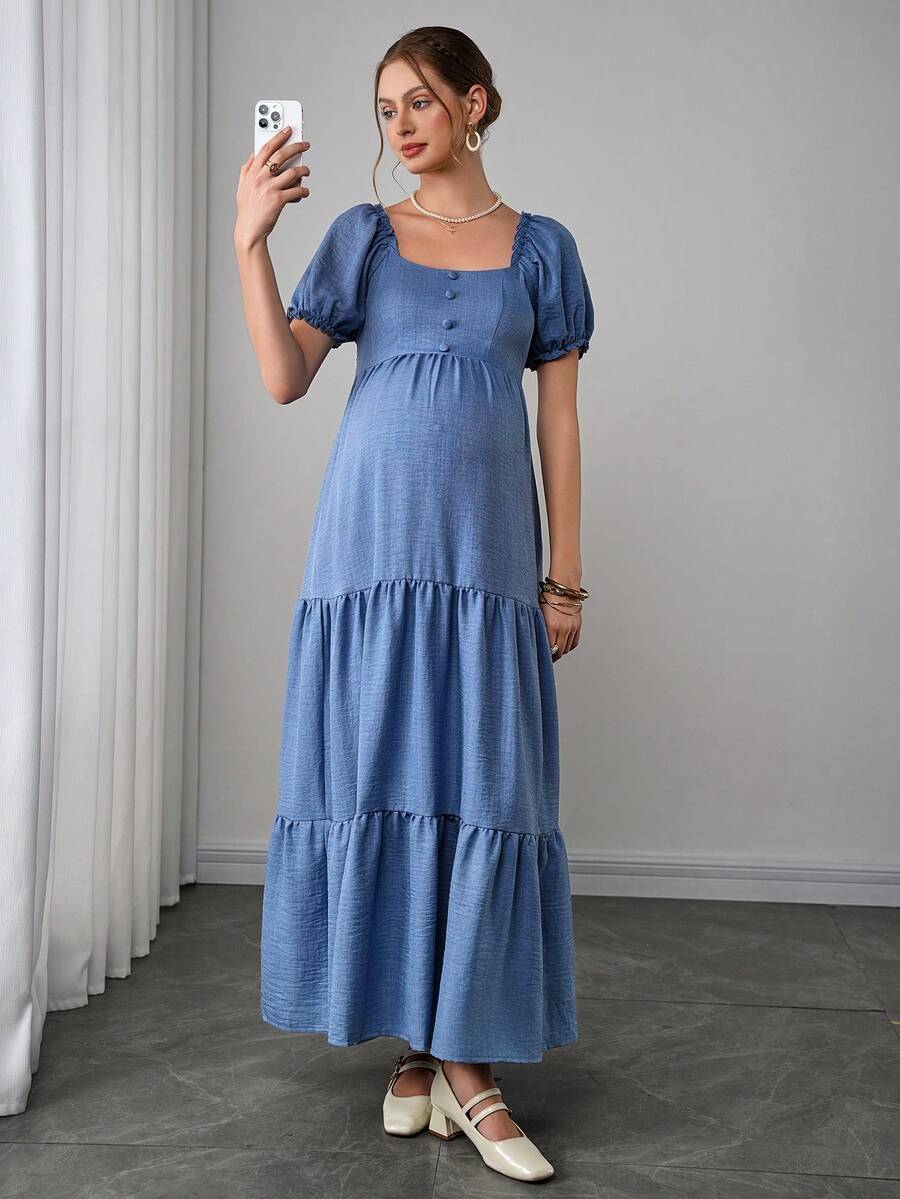 Maternity Tiered A-Line Maxi Dress - Square Neck, Puff Half Sleeve, Pleated, Long, Blue