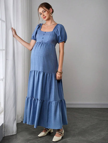 Maternity Tiered A-Line Maxi Dress - Square Neck, Puff Half Sleeve, Pleated, Long, Blue