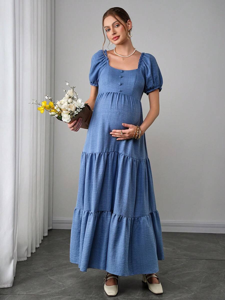 Maternity Tiered A-Line Maxi Dress - Square Neck, Puff Half Sleeve, Pleated, Long, Blue