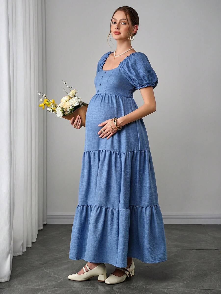 Maternity Tiered A-Line Maxi Dress - Square Neck, Puff Half Sleeve, Pleated, Long, Blue