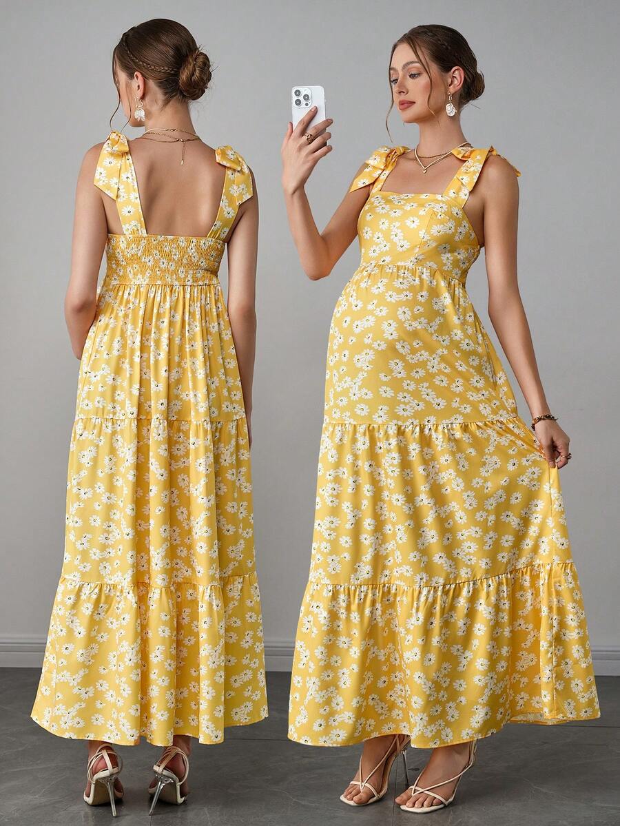 Maternity Bohemian Floral Maxi Dress - Square Neck, Sleeveless, Layered Ruffle, Slim Fit, Yellow