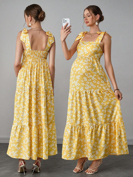 Maternity Bohemian Floral Maxi Dress - Square Neck, Sleeveless, Layered Ruffle, Slim Fit, Yellow
