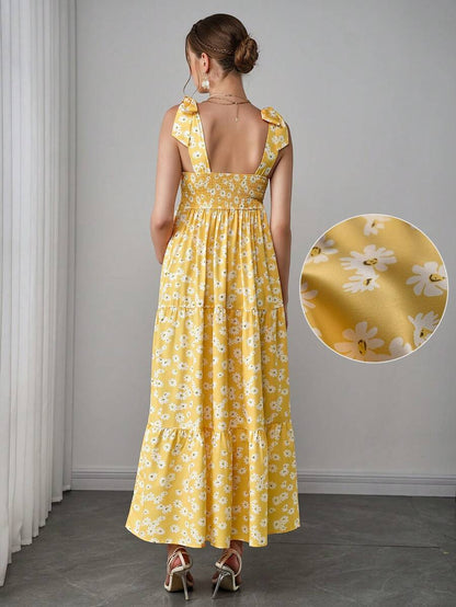 Maternity Bohemian Floral Maxi Dress - Square Neck, Sleeveless, Layered Ruffle, Slim Fit, Yellow