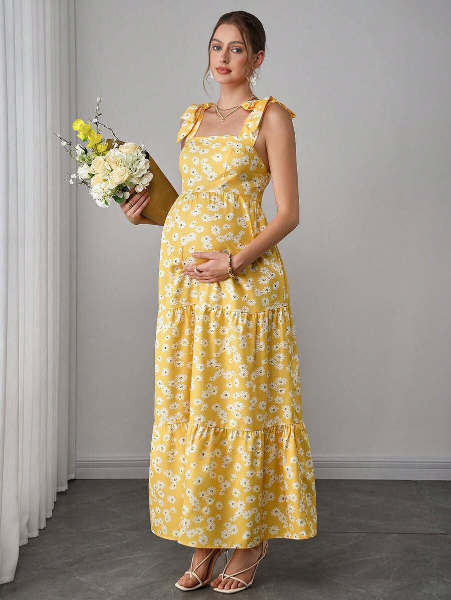 Maternity Bohemian Floral Maxi Dress - Square Neck, Sleeveless, Layered Ruffle, Slim Fit, Yellow