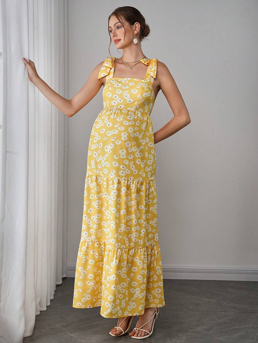 Maternity Bohemian Floral Maxi Dress - Square Neck, Sleeveless, Layered Ruffle, Slim Fit, Yellow