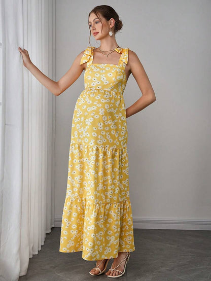 Maternity Bohemian Floral Maxi Dress - Square Neck, Sleeveless, Layered Ruffle, Slim Fit, Yellow