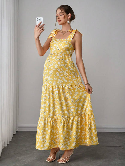 Maternity Bohemian Floral Maxi Dress - Square Neck, Sleeveless, Layered Ruffle, Slim Fit, Yellow