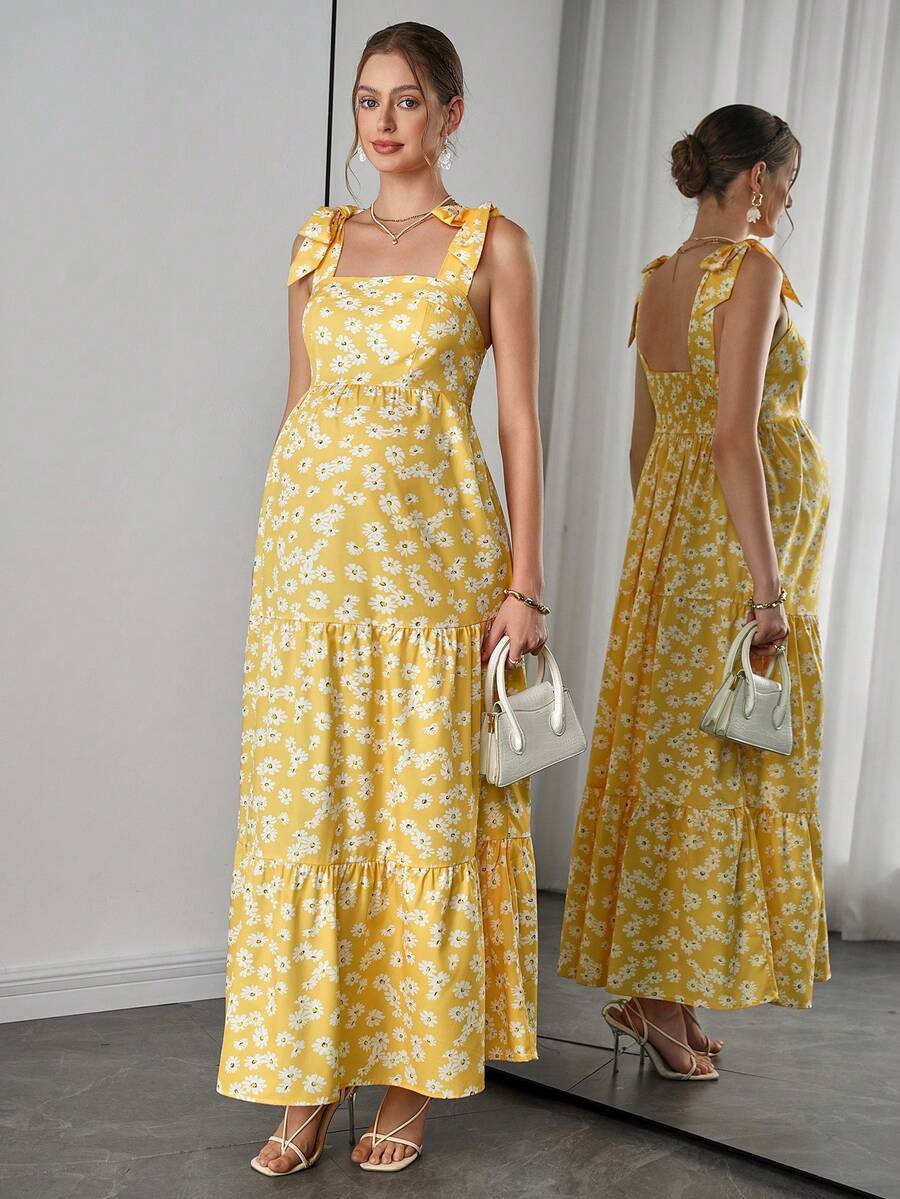 Maternity Bohemian Floral Maxi Dress - Square Neck, Sleeveless, Layered Ruffle, Slim Fit, Yellow