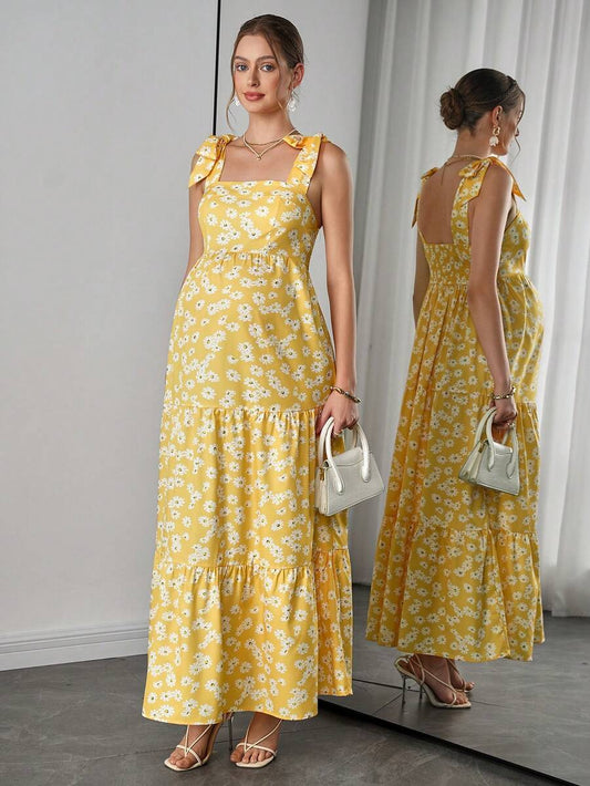 Maternity Bohemian Floral Maxi Dress - Square Neck, Sleeveless, Layered Ruffle, Slim Fit, Yellow