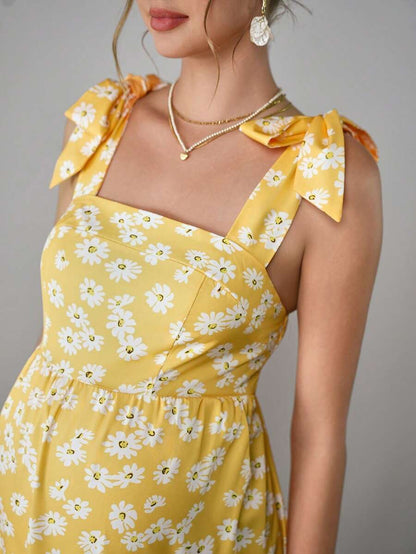 Maternity Bohemian Floral Maxi Dress - Square Neck, Sleeveless, Layered Ruffle, Slim Fit, Yellow