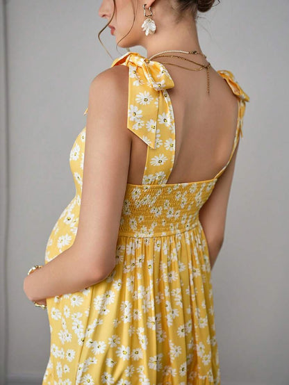 Maternity Bohemian Floral Maxi Dress - Square Neck, Sleeveless, Layered Ruffle, Slim Fit, Yellow