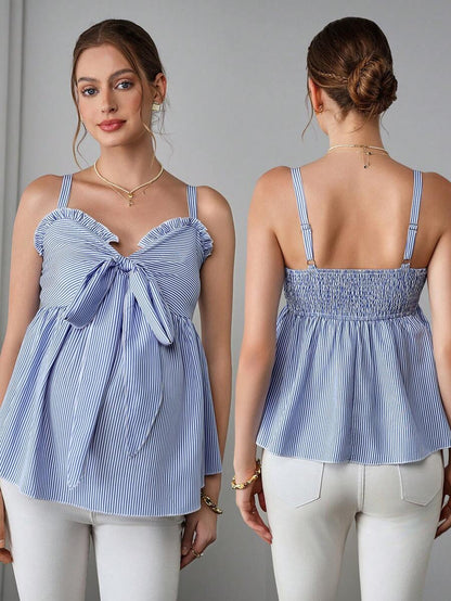 Maternity Striped Cami Top - Strap, Bow Front, Smocked, Ruffle Trim, Slim Fit, Blue and White