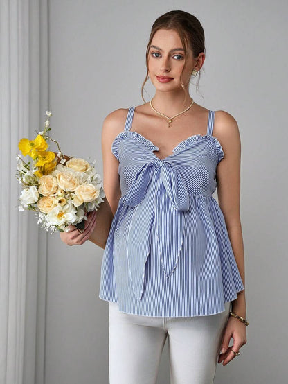Maternity Striped Cami Top - Strap, Bow Front, Smocked, Ruffle Trim, Slim Fit, Blue and White