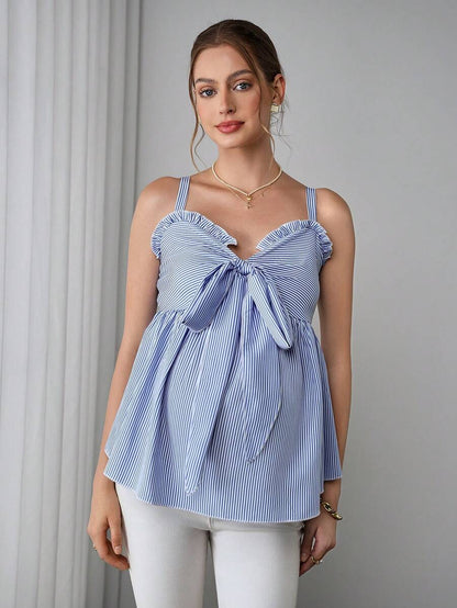 Maternity Striped Cami Top - Strap, Bow Front, Smocked, Ruffle Trim, Slim Fit, Blue and White