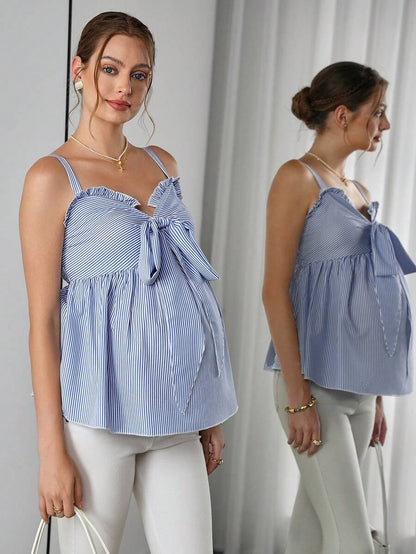 Maternity Striped Cami Top - Strap, Bow Front, Smocked, Ruffle Trim, Slim Fit, Blue and White