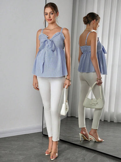 Maternity Striped Cami Top - Strap, Bow Front, Smocked, Ruffle Trim, Slim Fit, Blue and White