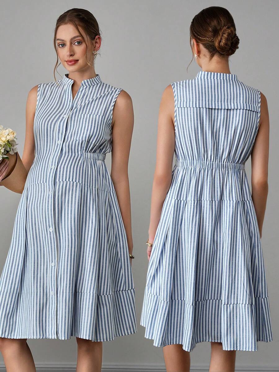 Maternity Striped Shirt Dress - Stand Collar, Sleeveless, Button Front, Knee Length, Blue and White