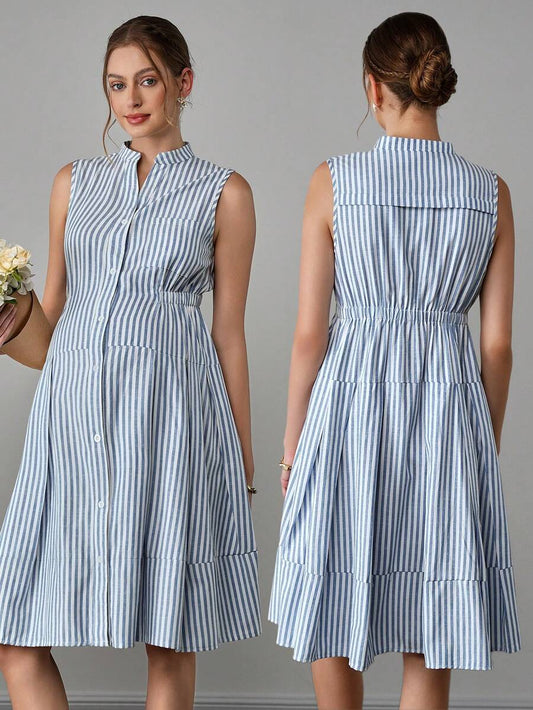 Maternity Striped Shirt Dress - Stand Collar, Sleeveless, Button Front, Knee Length, Blue and White