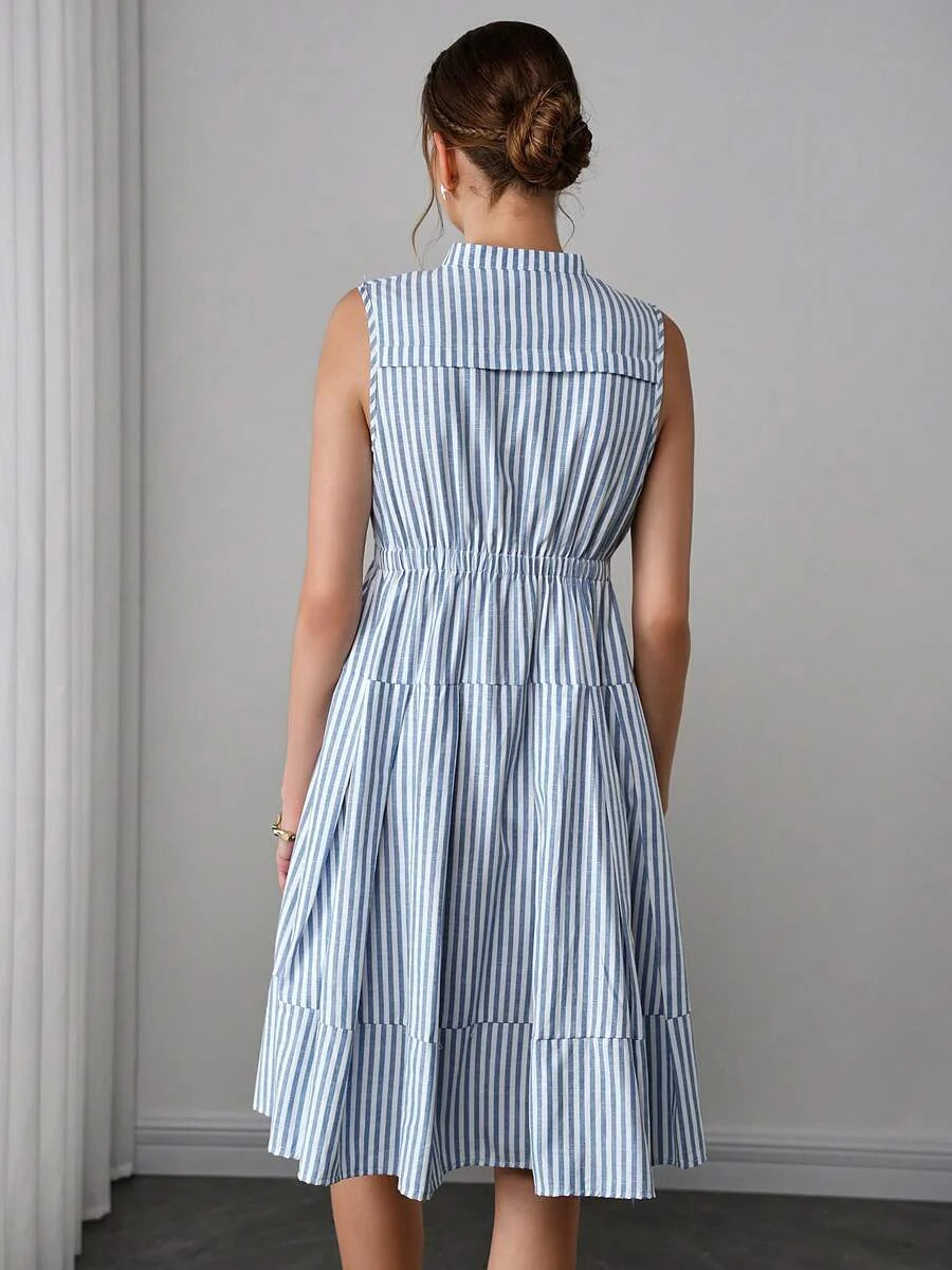 Maternity Striped Shirt Dress - Stand Collar, Sleeveless, Button Front, Knee Length, Blue and White