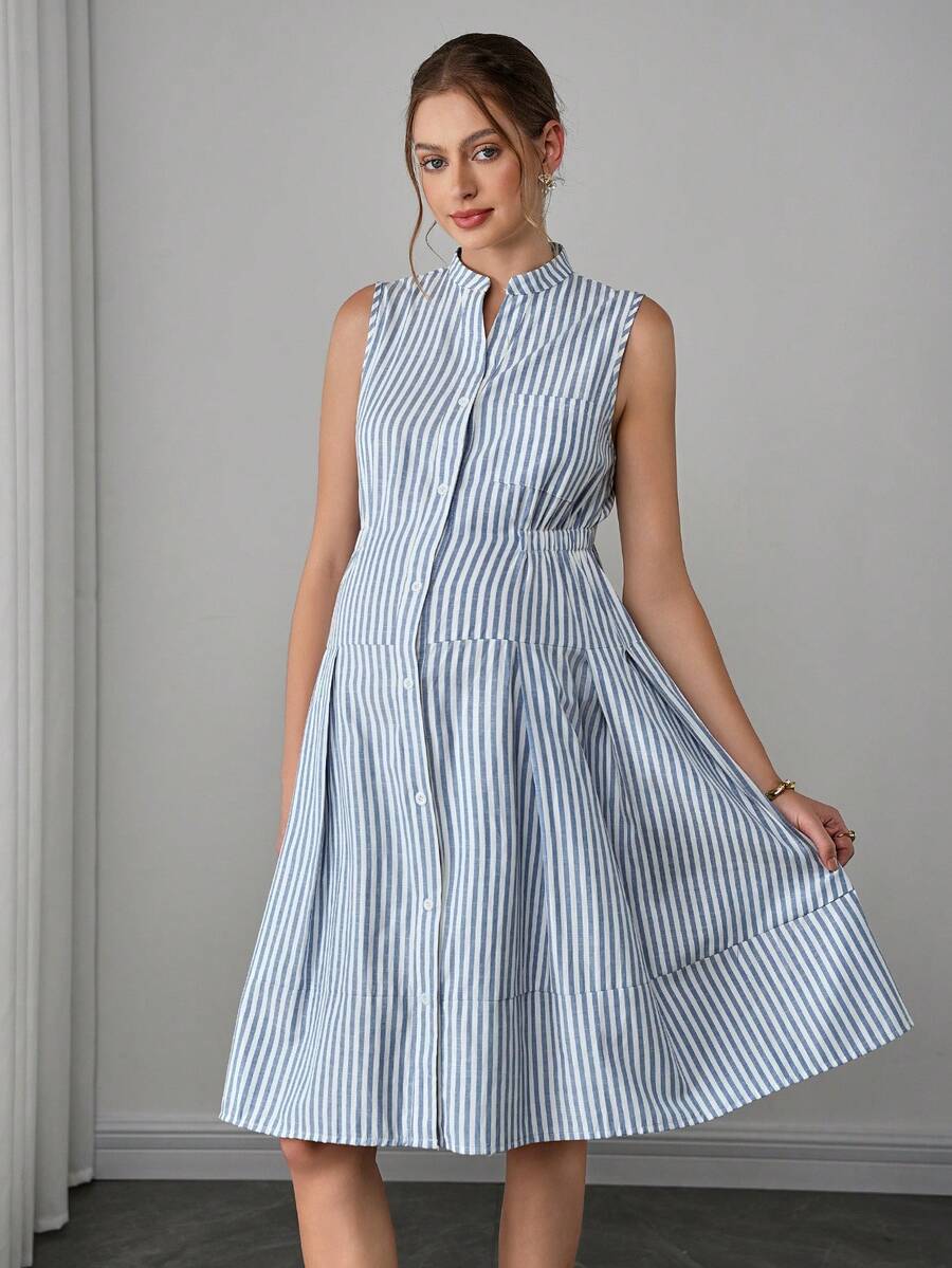 Maternity Striped Shirt Dress - Stand Collar, Sleeveless, Button Front, Knee Length, Blue and White