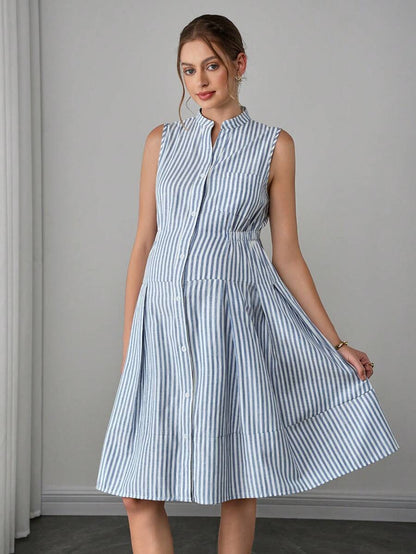 Maternity Striped Shirt Dress - Stand Collar, Sleeveless, Button Front, Knee Length, Blue and White