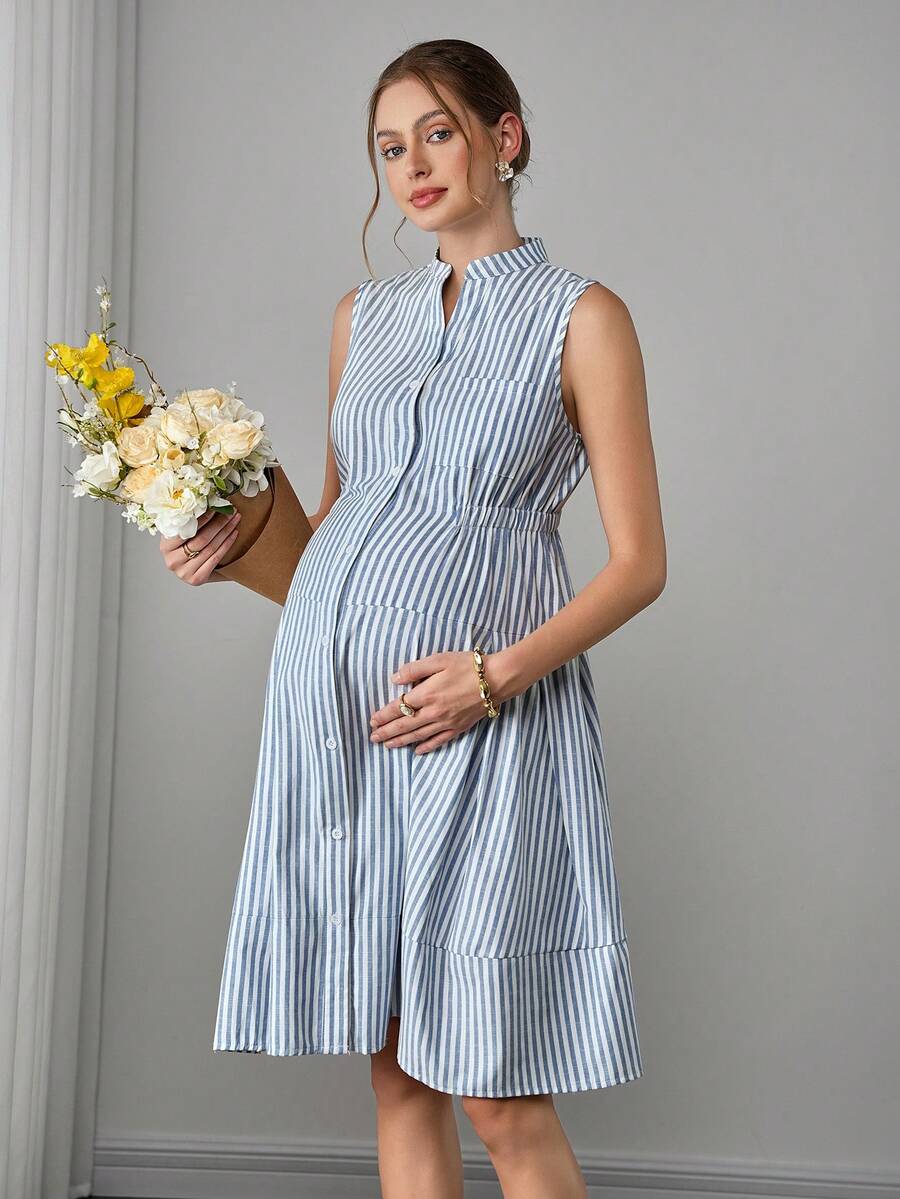 Maternity Striped Shirt Dress - Stand Collar, Sleeveless, Button Front, Knee Length, Blue and White