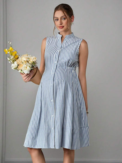 Maternity Striped Shirt Dress - Stand Collar, Sleeveless, Button Front, Knee Length, Blue and White
