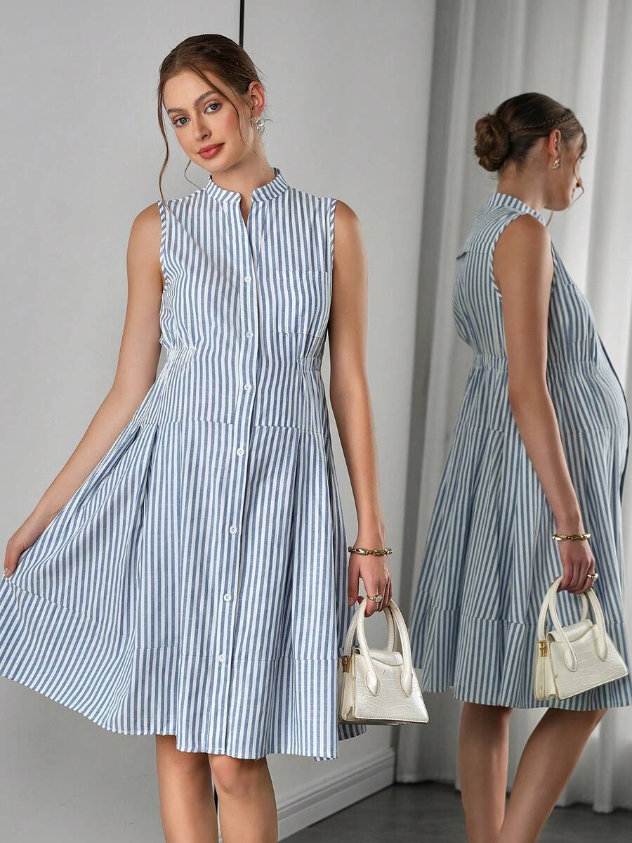Maternity Striped Shirt Dress - Stand Collar, Sleeveless, Button Front, Knee Length, Blue and White