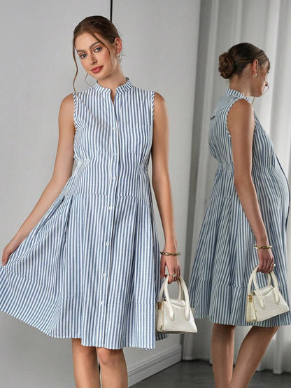 Maternity Striped Shirt Dress - Stand Collar, Sleeveless, Button Front, Knee Length, Blue and White