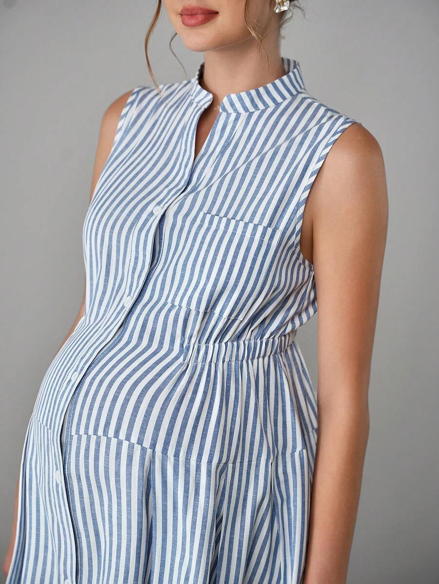 Maternity Striped Shirt Dress - Stand Collar, Sleeveless, Button Front, Knee Length, Blue and White