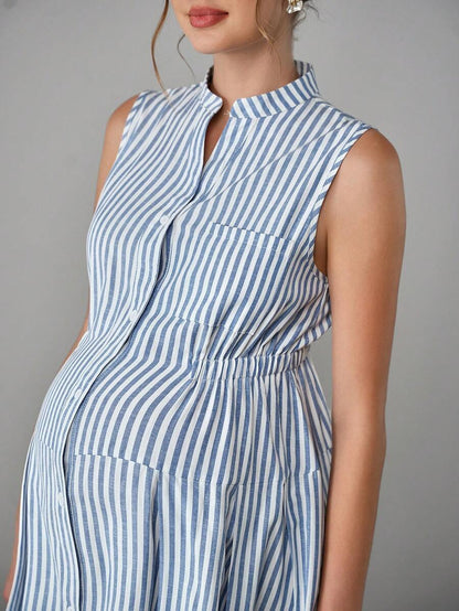 Maternity Striped Shirt Dress - Stand Collar, Sleeveless, Button Front, Knee Length, Blue and White