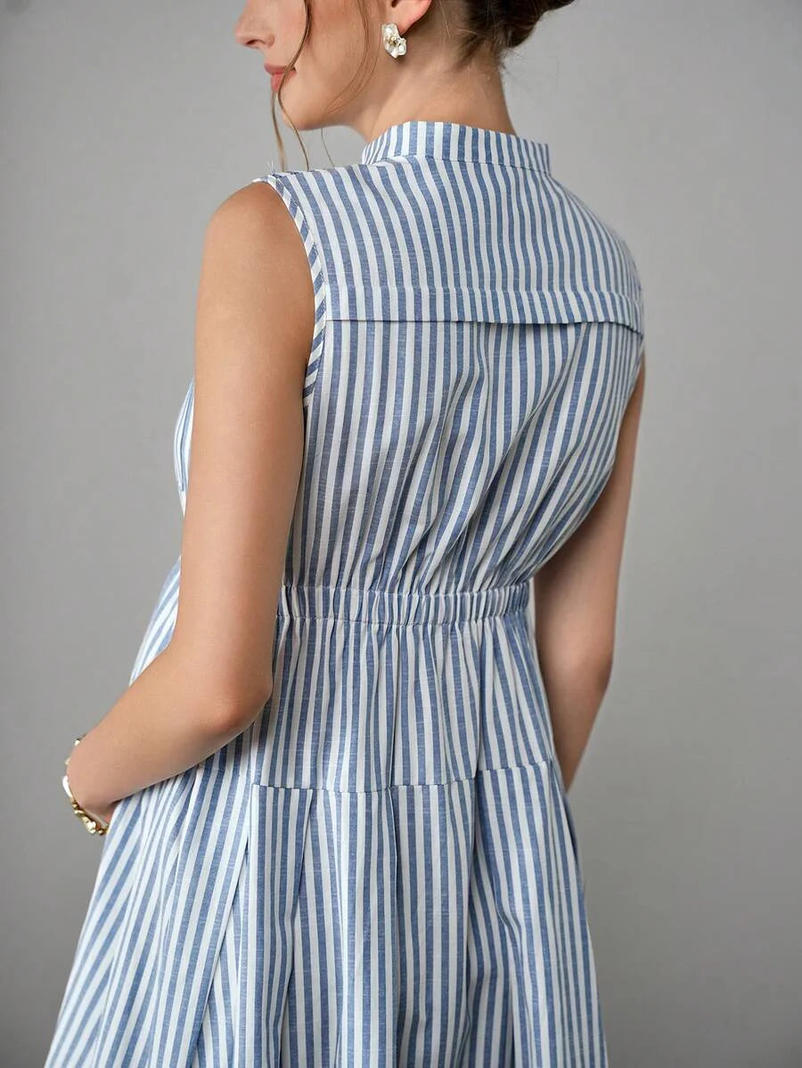 Maternity Striped Shirt Dress - Stand Collar, Sleeveless, Button Front, Knee Length, Blue and White