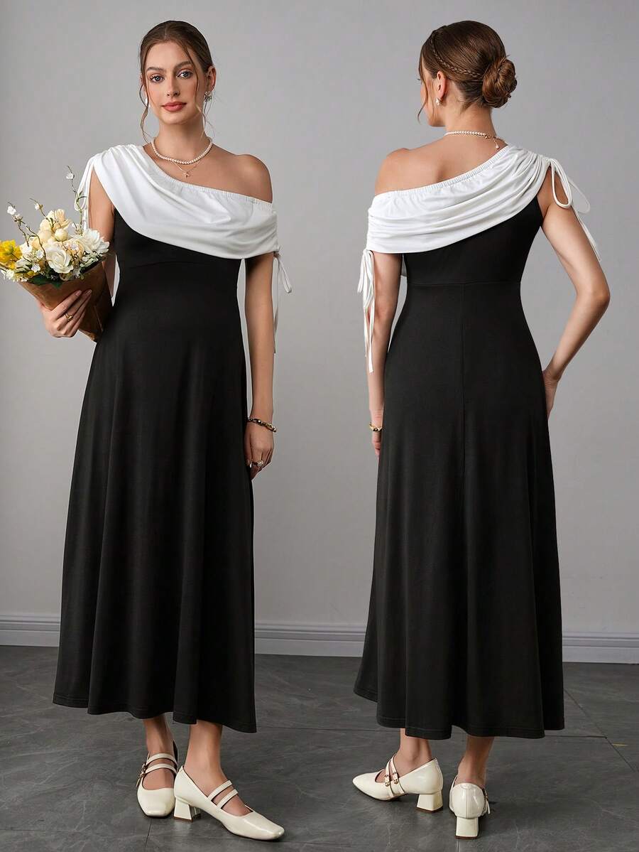 Maternity Colorblock A-Line Dress - Asymmetrical Neck, Cloak Sleeve, Ruched, Midi, Black and White
