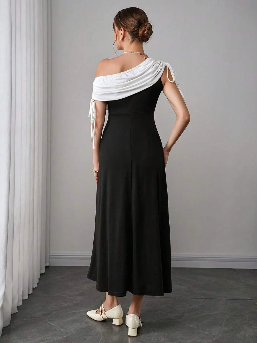 Maternity Colorblock A-Line Dress - Asymmetrical Neck, Cloak Sleeve, Ruched, Midi, Black and White