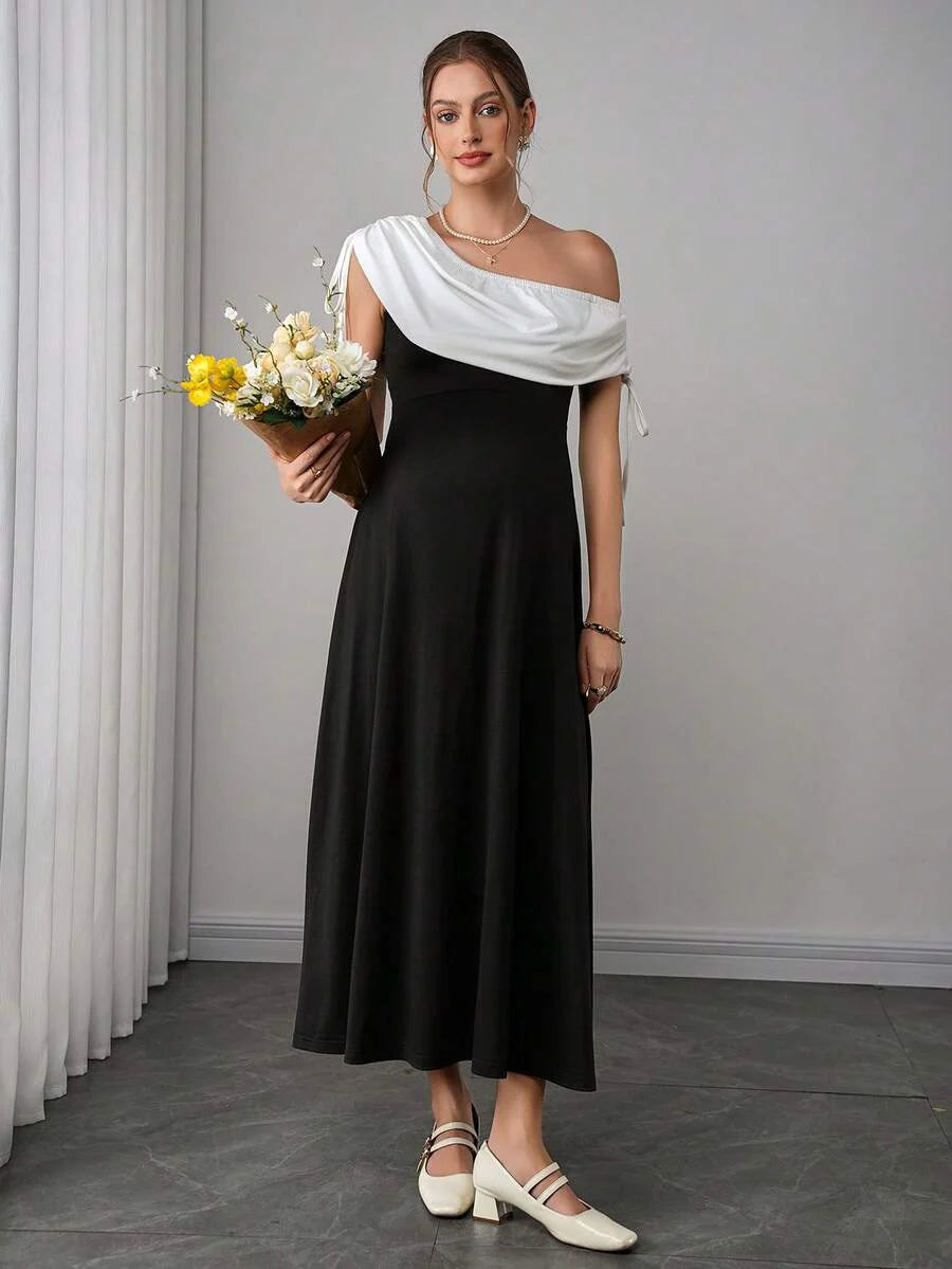 Maternity Colorblock A-Line Dress - Asymmetrical Neck, Cloak Sleeve, Ruched, Midi, Black and White
