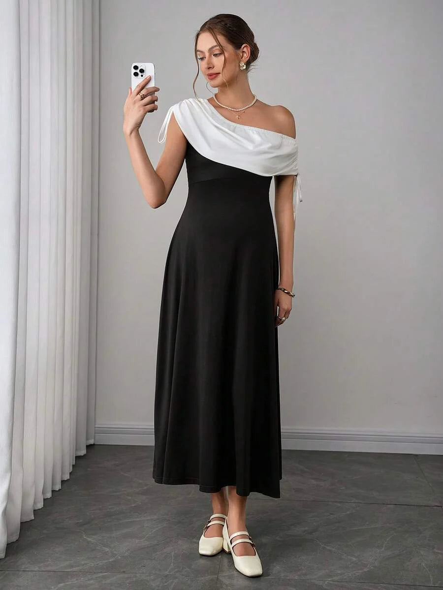 Maternity Colorblock A-Line Dress - Asymmetrical Neck, Cloak Sleeve, Ruched, Midi, Black and White