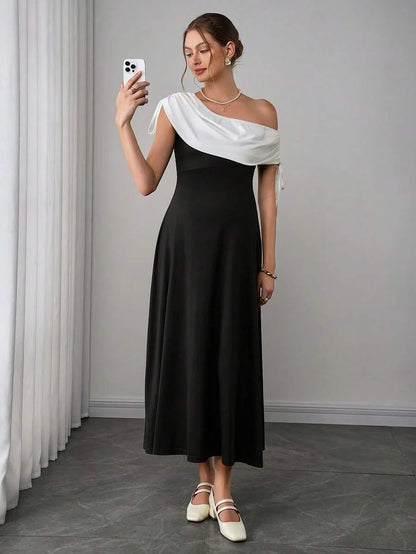 Maternity Colorblock A-Line Dress - Asymmetrical Neck, Cloak Sleeve, Ruched, Midi, Black and White