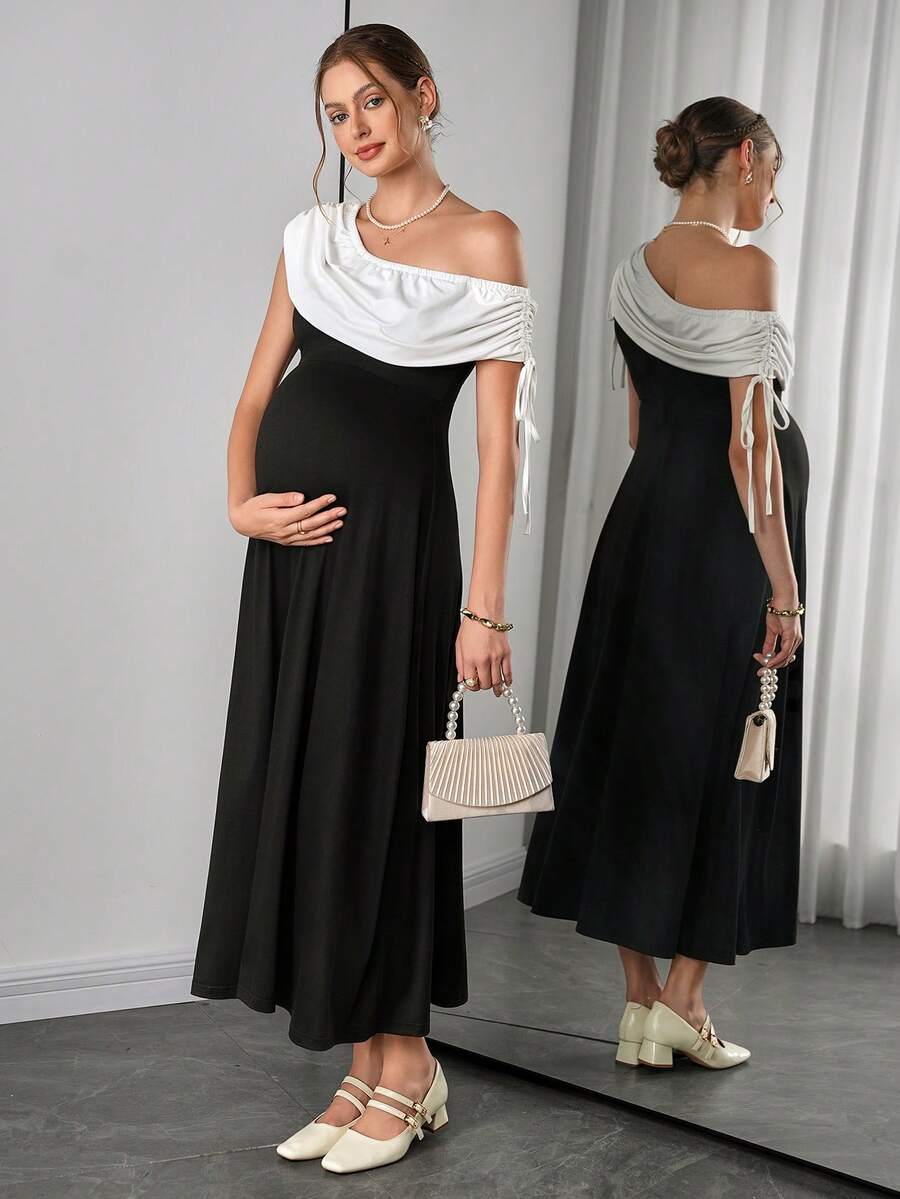 Maternity Colorblock A-Line Dress - Asymmetrical Neck, Cloak Sleeve, Ruched, Midi, Black and White